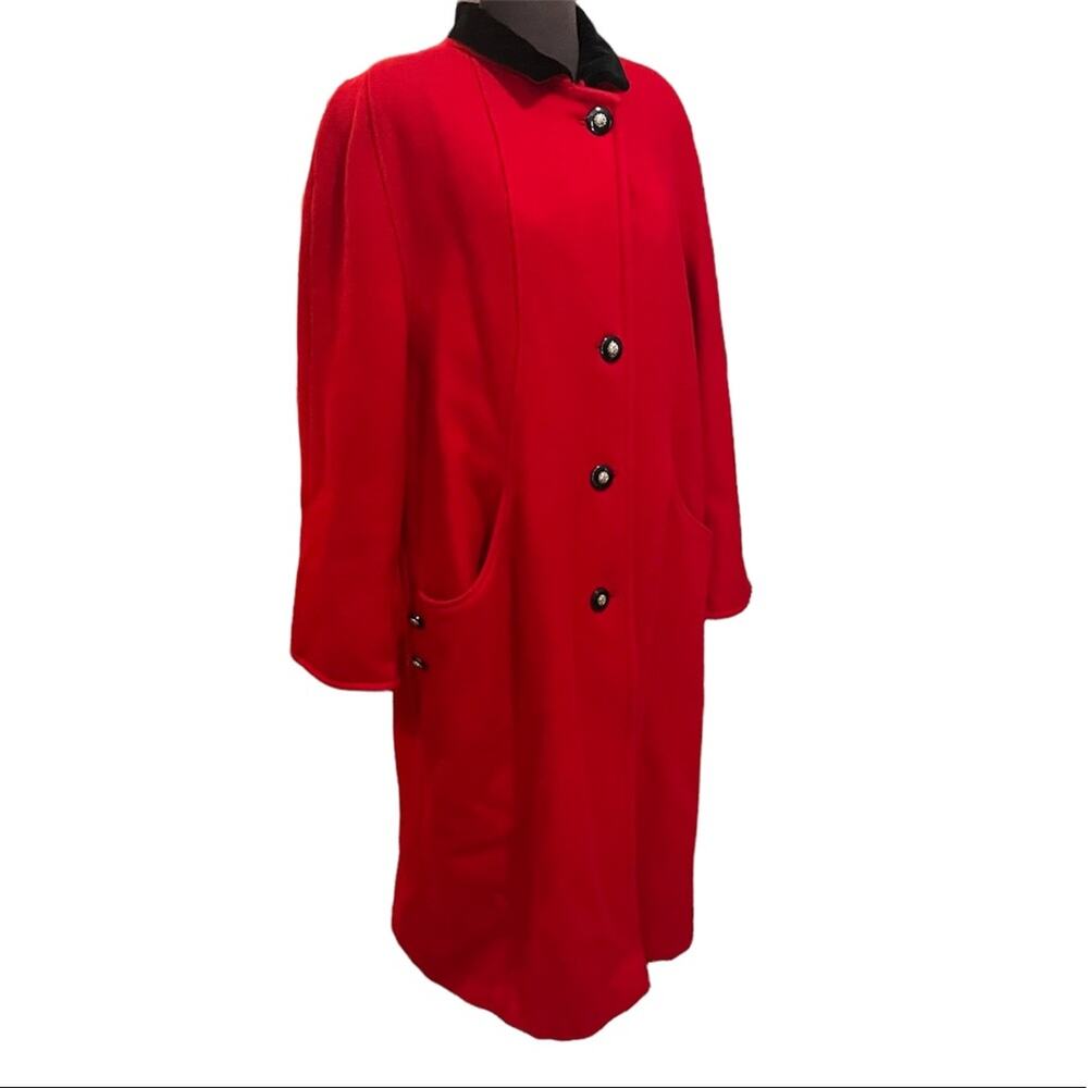 Vtg Wool Cherry Red Regency Velvet Collar Old Money Luxury Timeless Midi Coat L